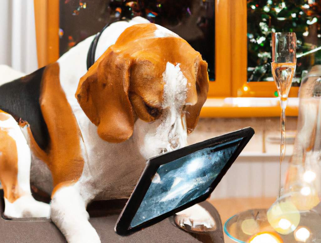 A beagle celebrating the New Year while reading its favorite stories on an iPad